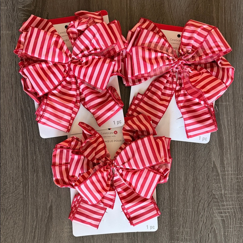 Striped Red Pink Ribbon Bow - Pack of 3